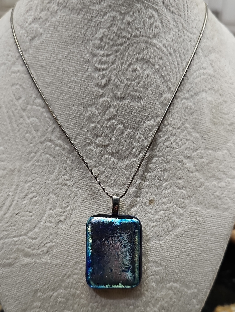 Dichroic Glass Rectangle Pendant Necklace in Blue-Green